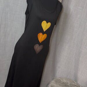 Vibrant Gradient Hearts Black Maxi Dress - Boho Summer Vibes - Size M